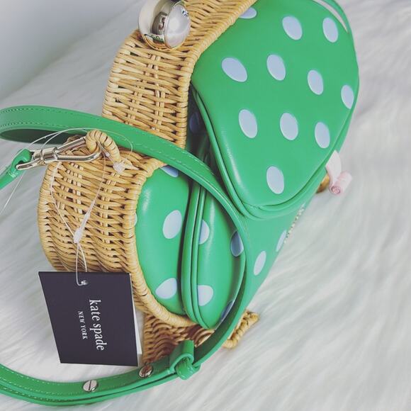 NWT Kate Spade Lily Polka Dot Wicker 3D Frog Crossbody/Green/Wicker-Leather - Picture 9 of 13